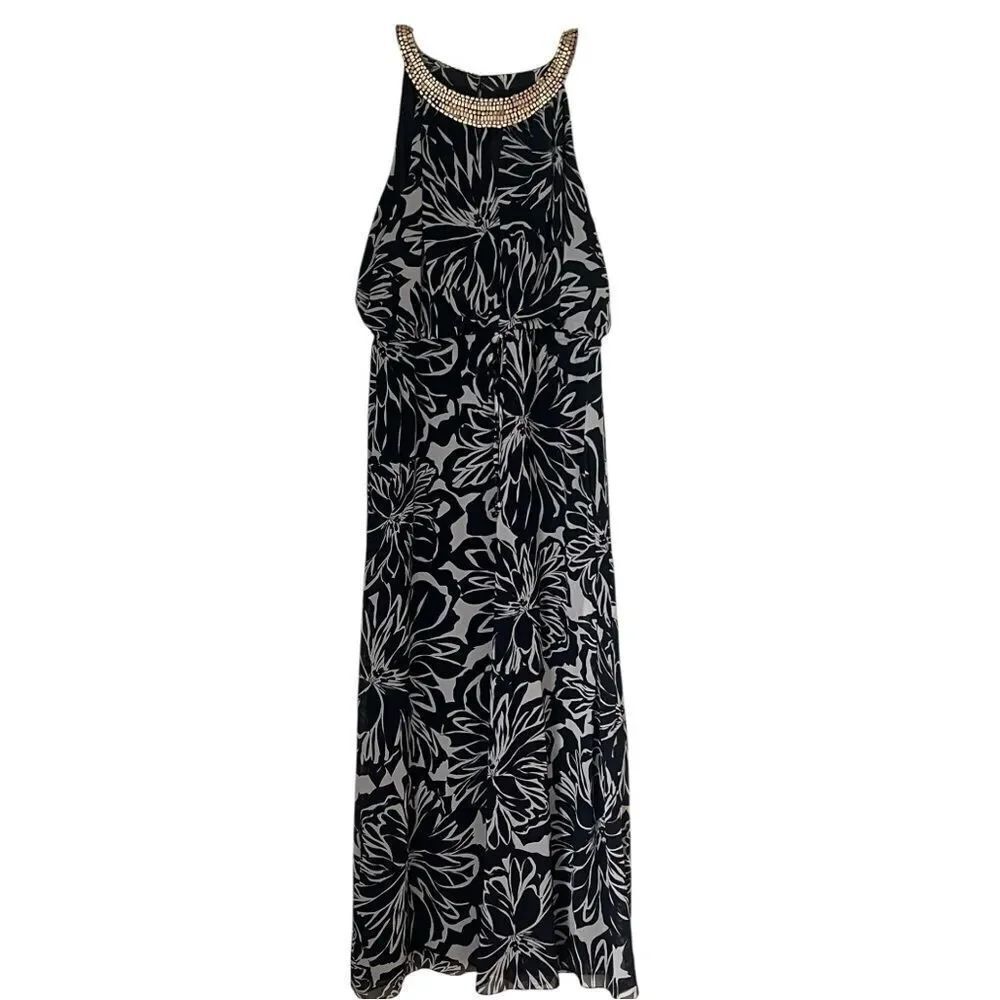 Vince Camuto Floral Navy Halter Beaded Neck Flowy Maxi Tropical Summer Dress 12
